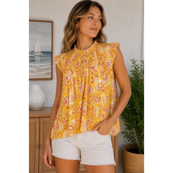 THML Tops - THML Floral Boho Blouse M Yellow Pink Sleeveless Flowy Top EUC